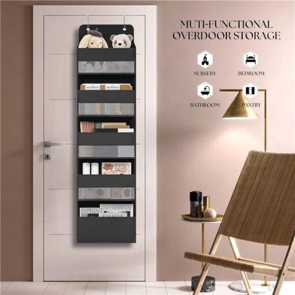 Over Door Organizer 5 Large Pockets Hanging Storage Closet Bathroom Dorm Black - Picture 6 of 7